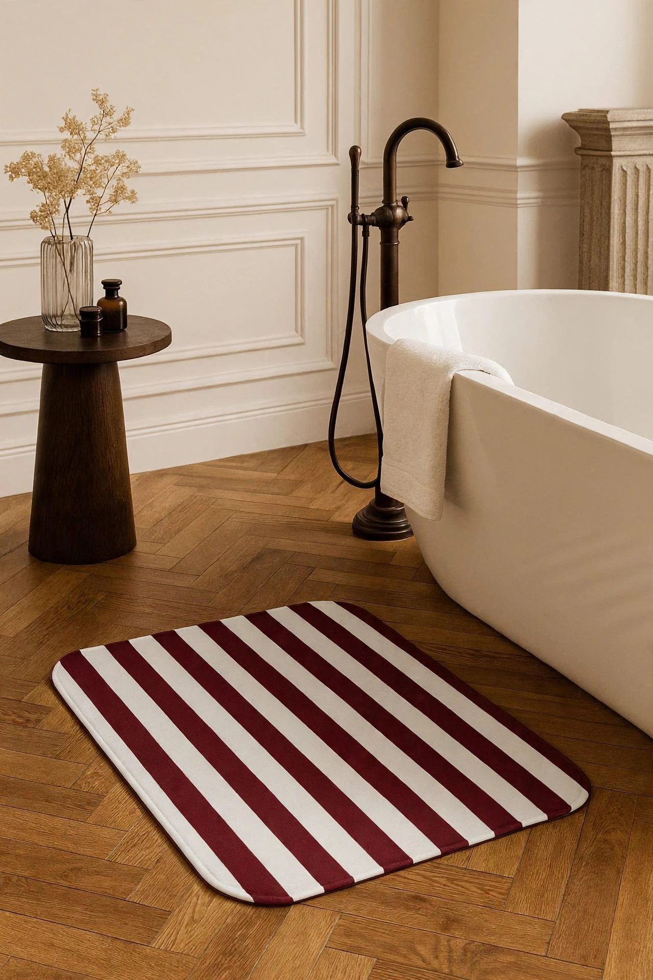 Maroon Striped Bath Mat