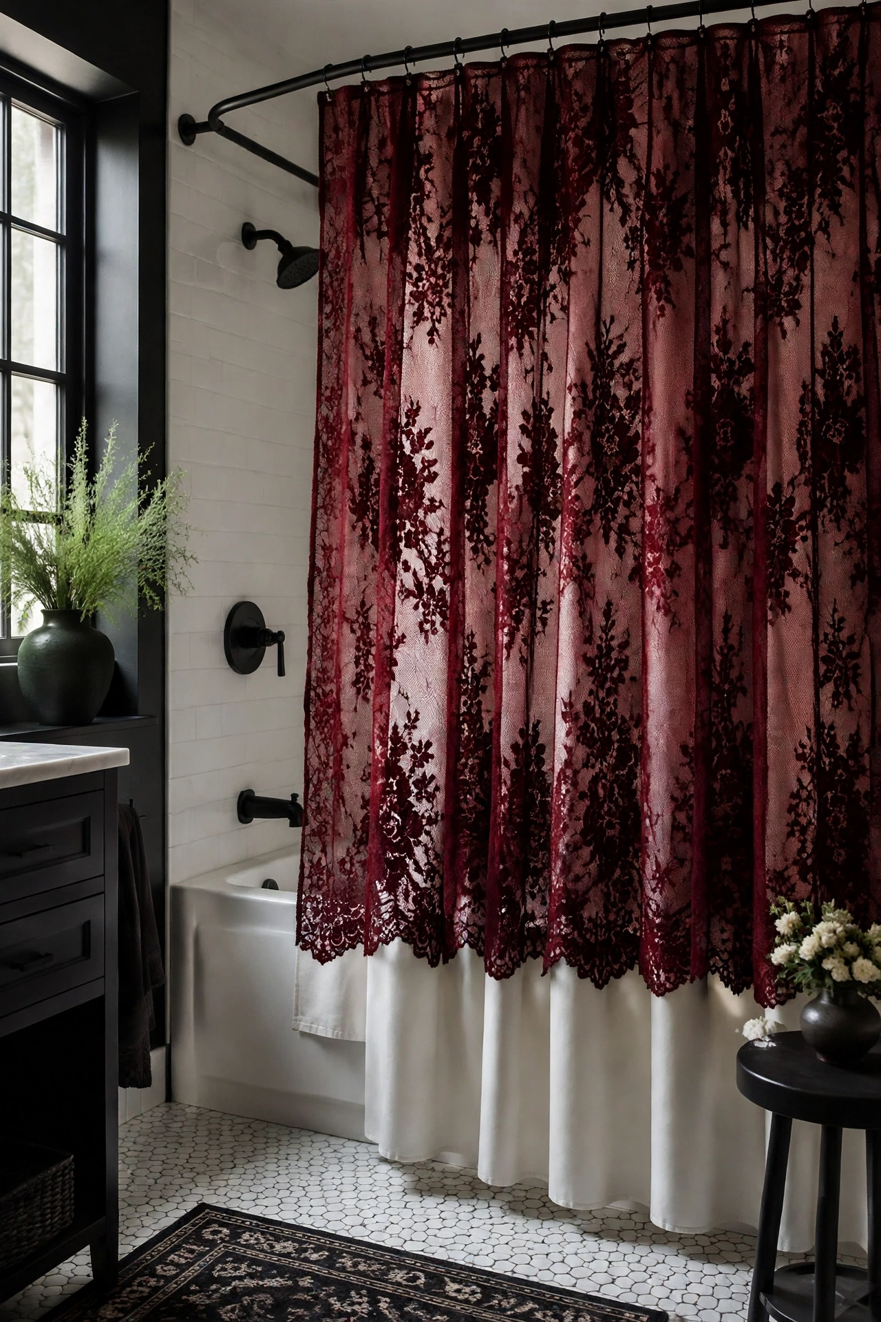 Deep Red Lace Shower Curtain