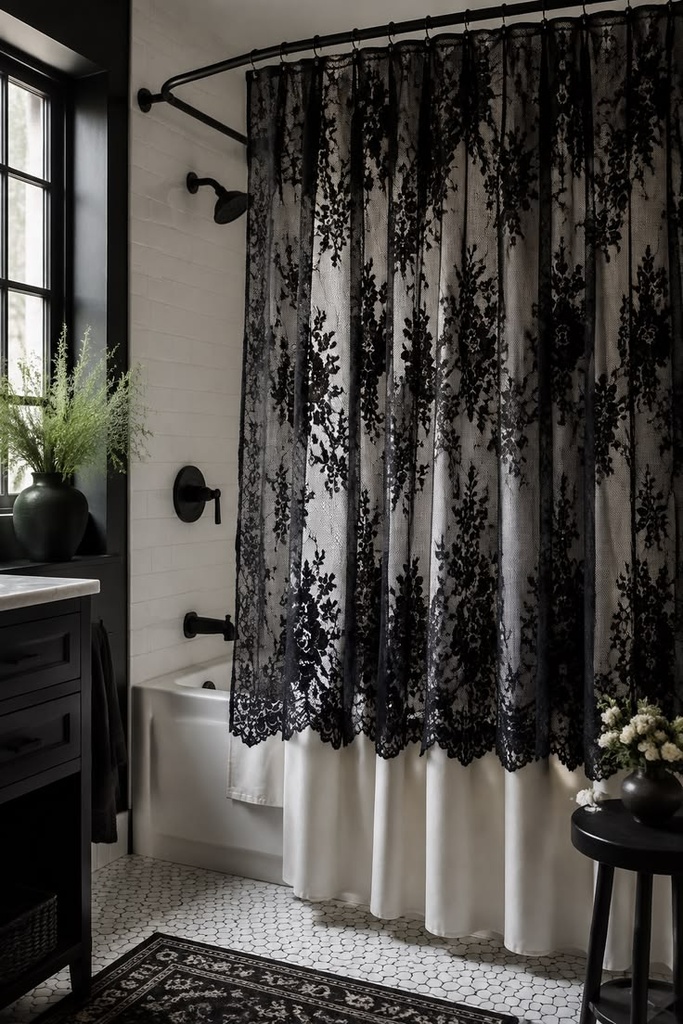 Black 2 Layer Lace Shower Curtain