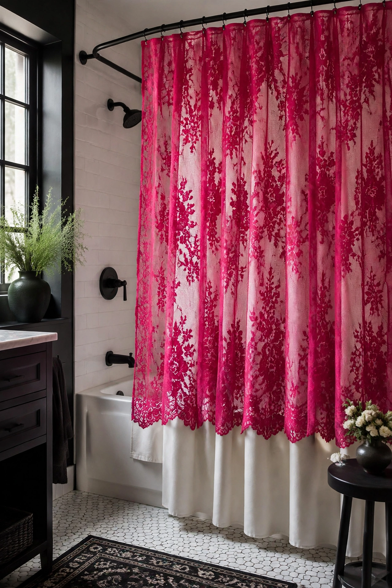 Fuchsia Pink Lace Shower Curtain