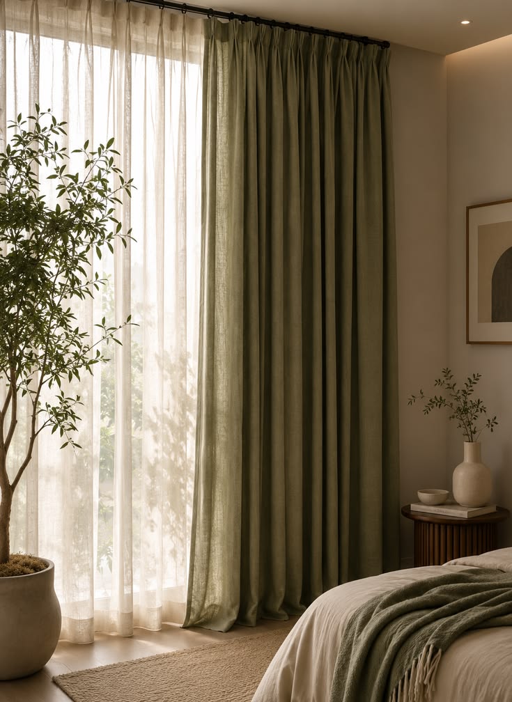Musk Green Washed Linen Blackout Curtain with White Sheer