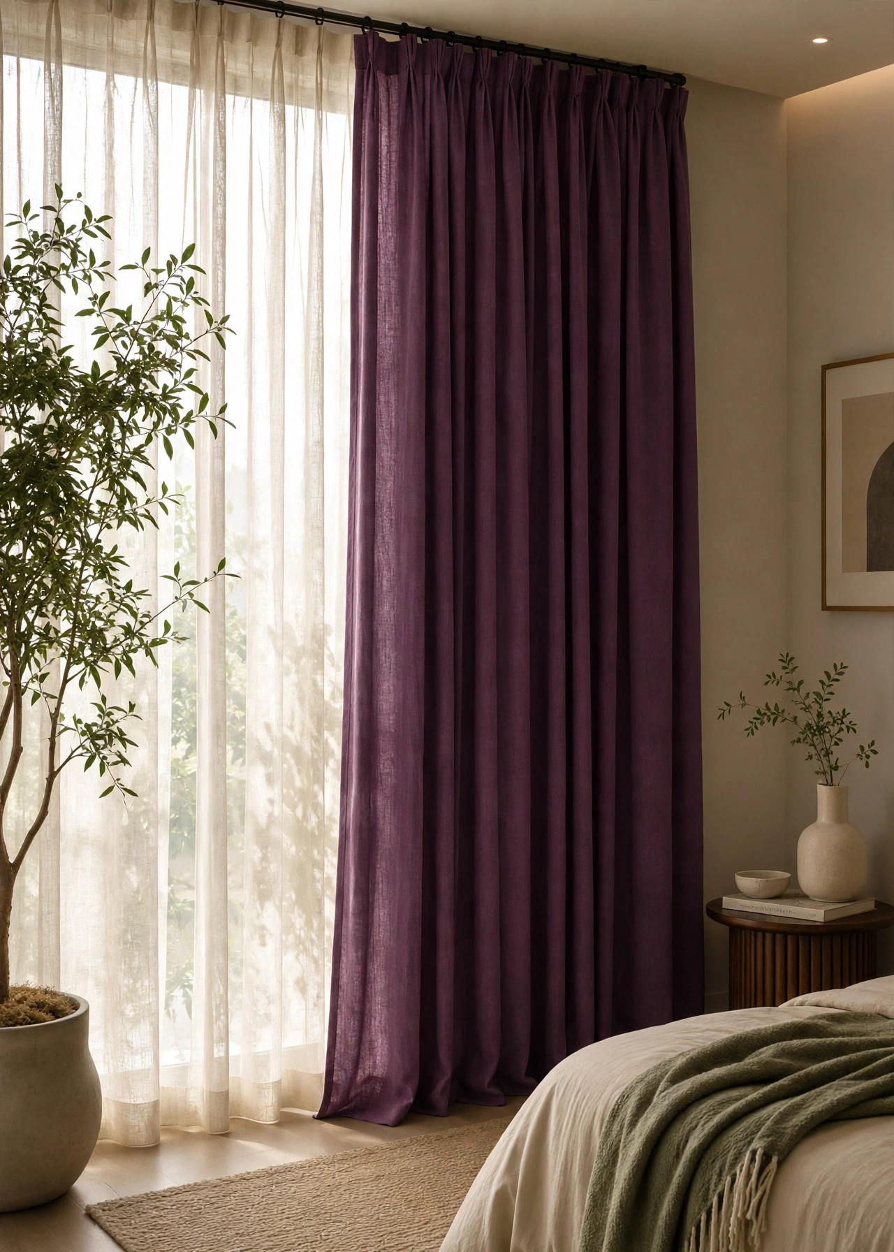 Plum Washed Linen Blackout Curtain with White Sheer