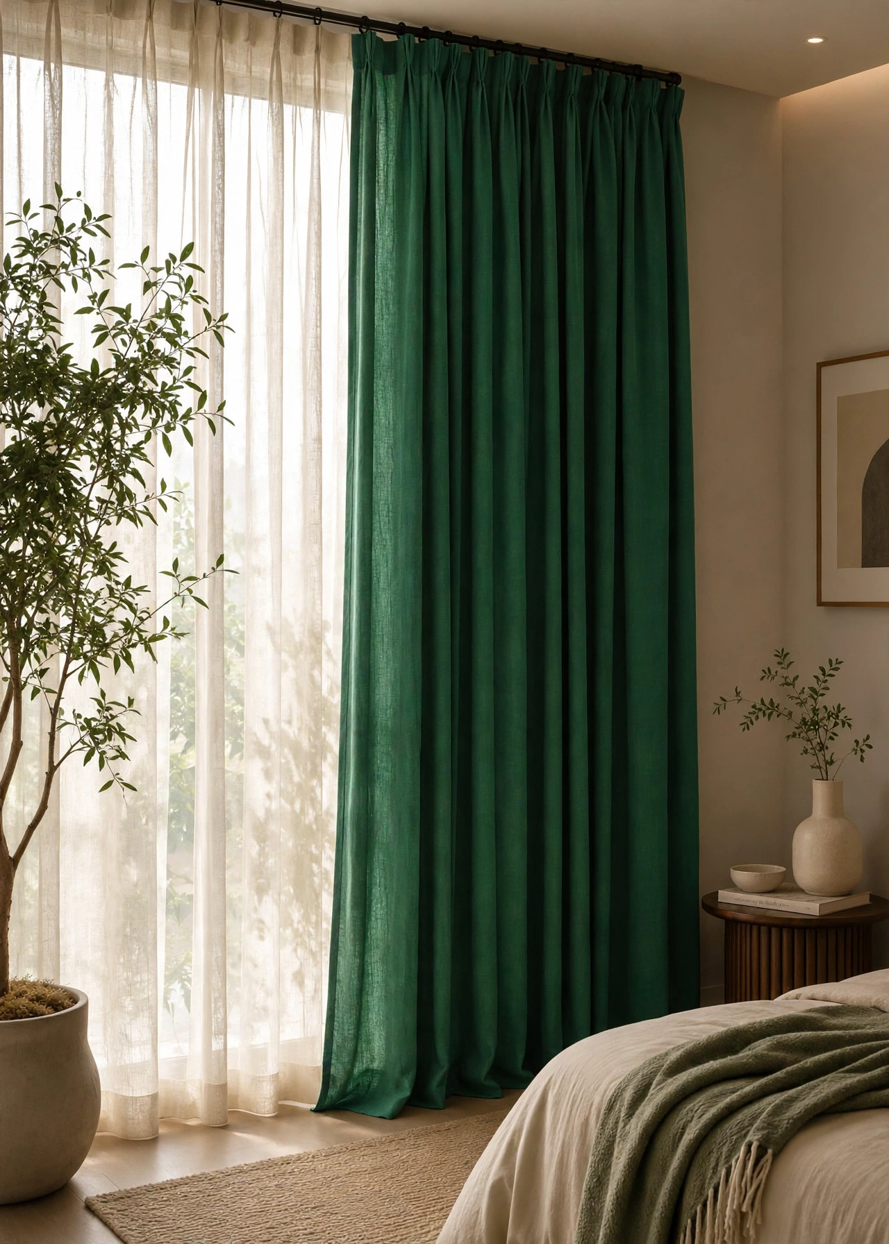 Emerald Green Washed Linen Blackout Curtain with White Sheer