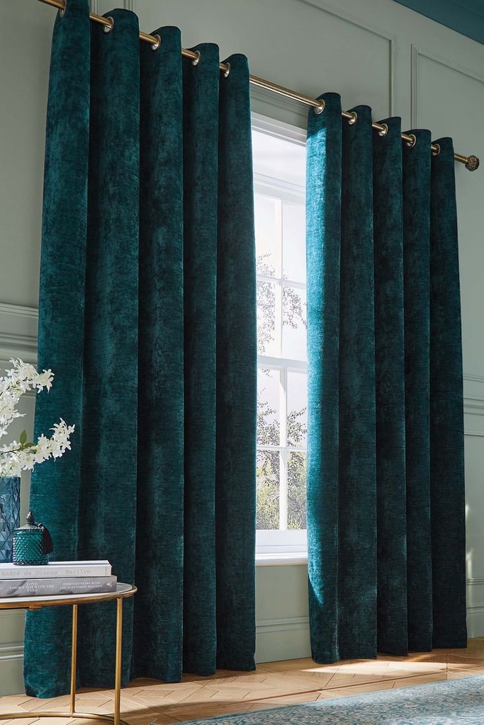 Teal Crushed Velvet Eyelet Curtains