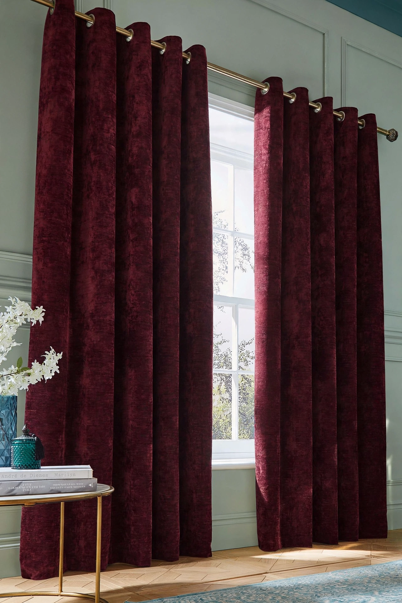 Maroon Crushed Velvet Eyelet Curtains