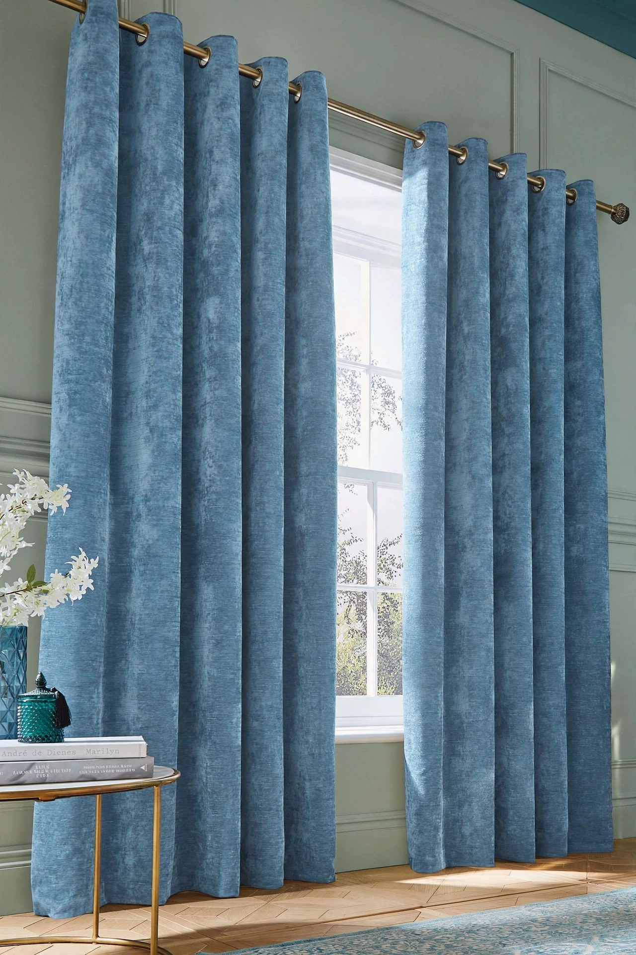 Sky Blue Crushed Velvet Eyelet Curtains