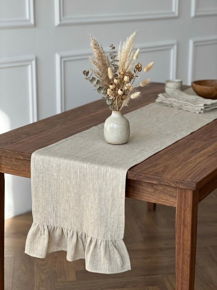 Natural Linen Ruffled Table Runner