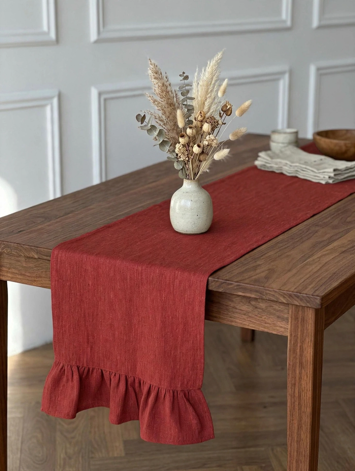 Red Linen Ruffled Table Runner