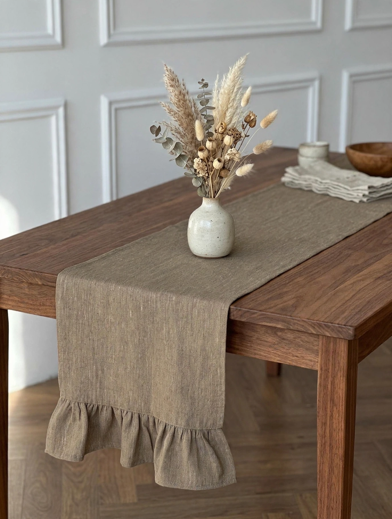 Dark Beige Linen Ruffled Table Runner