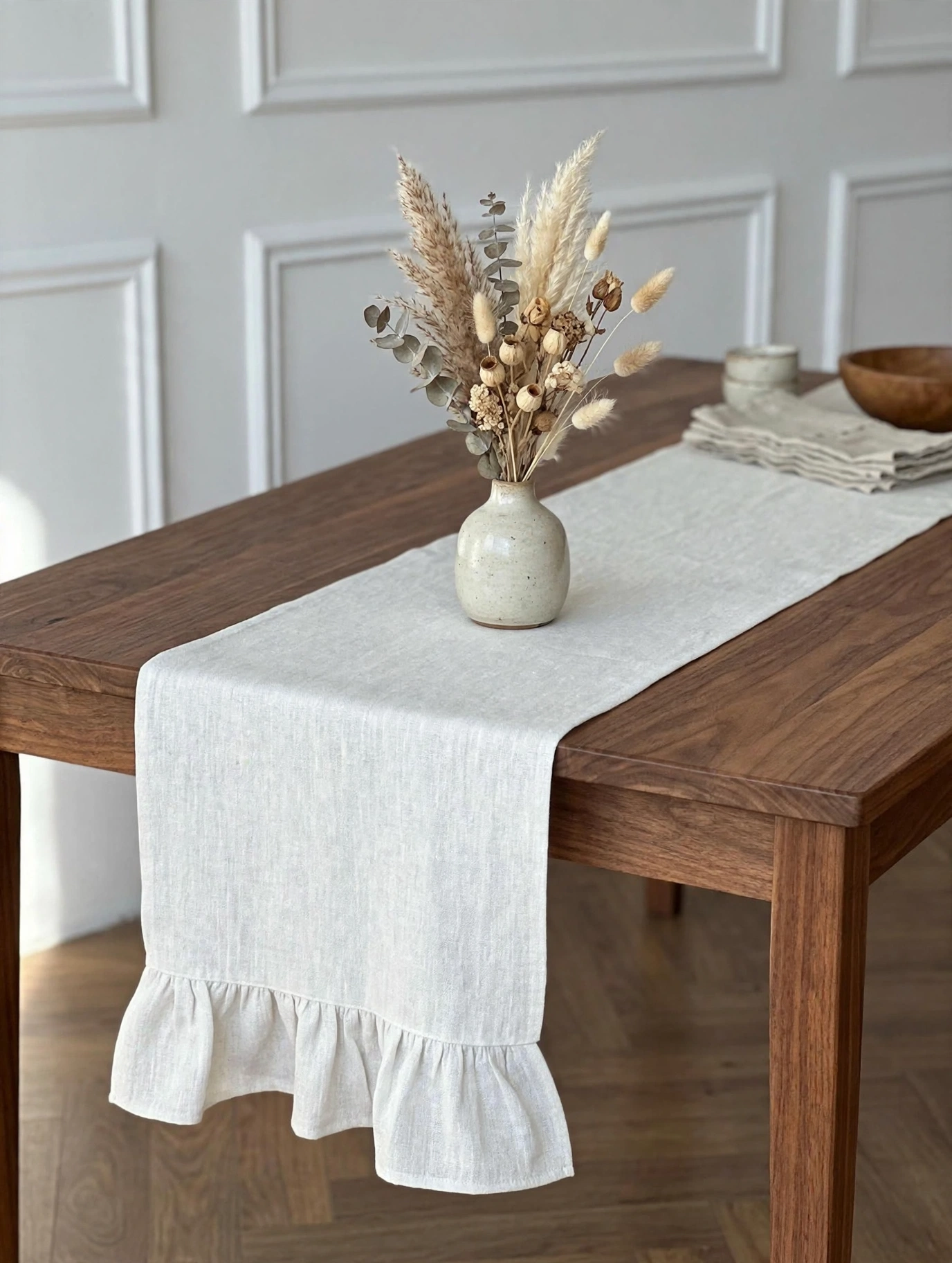 White Linen Ruffled Table Runner