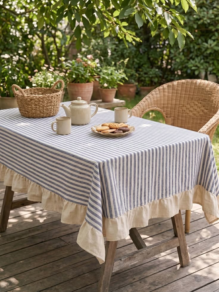Blue Gray Striped Ruffled Tablecloth