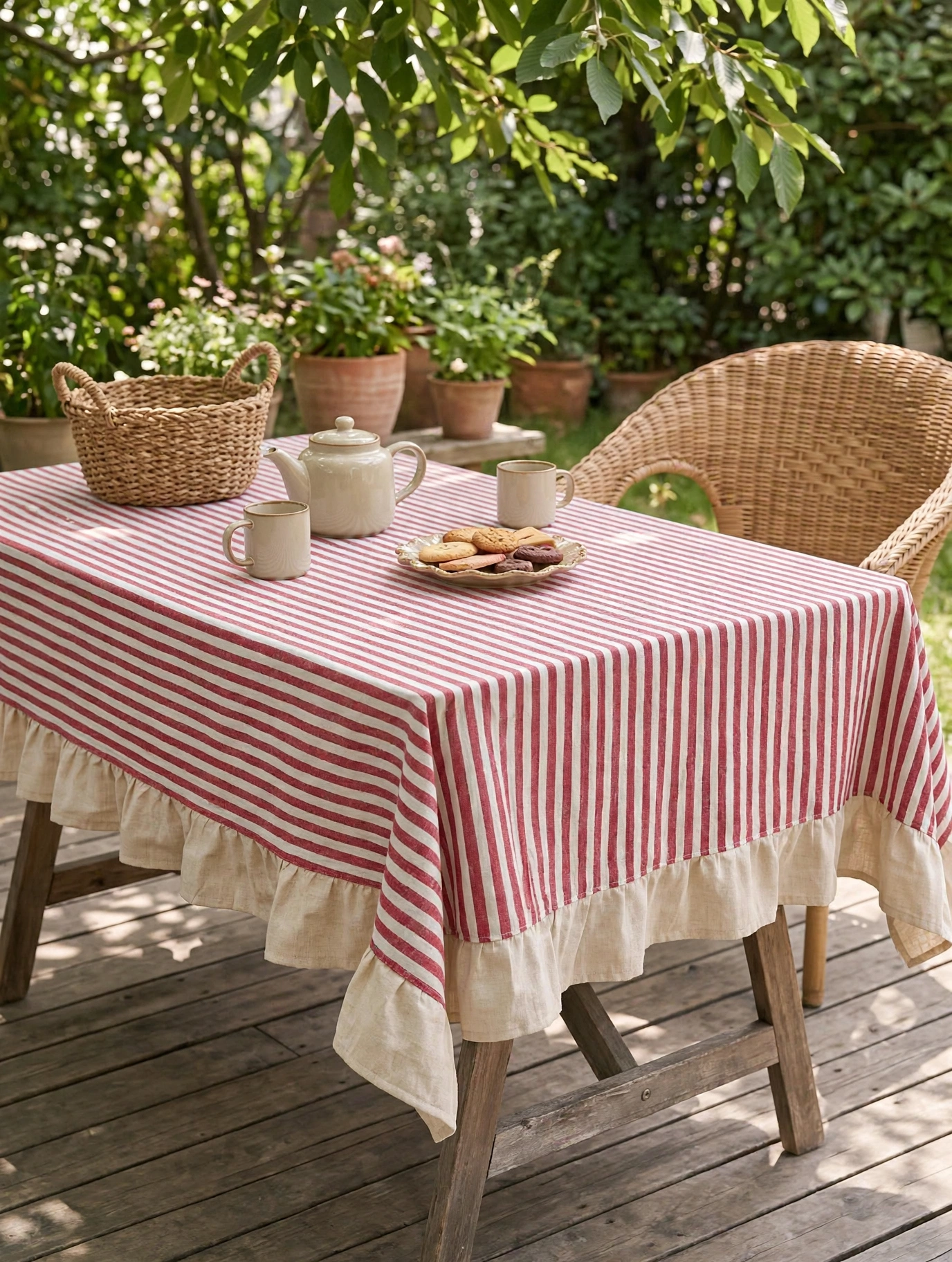 Red Striped Ruffled Tablecloth