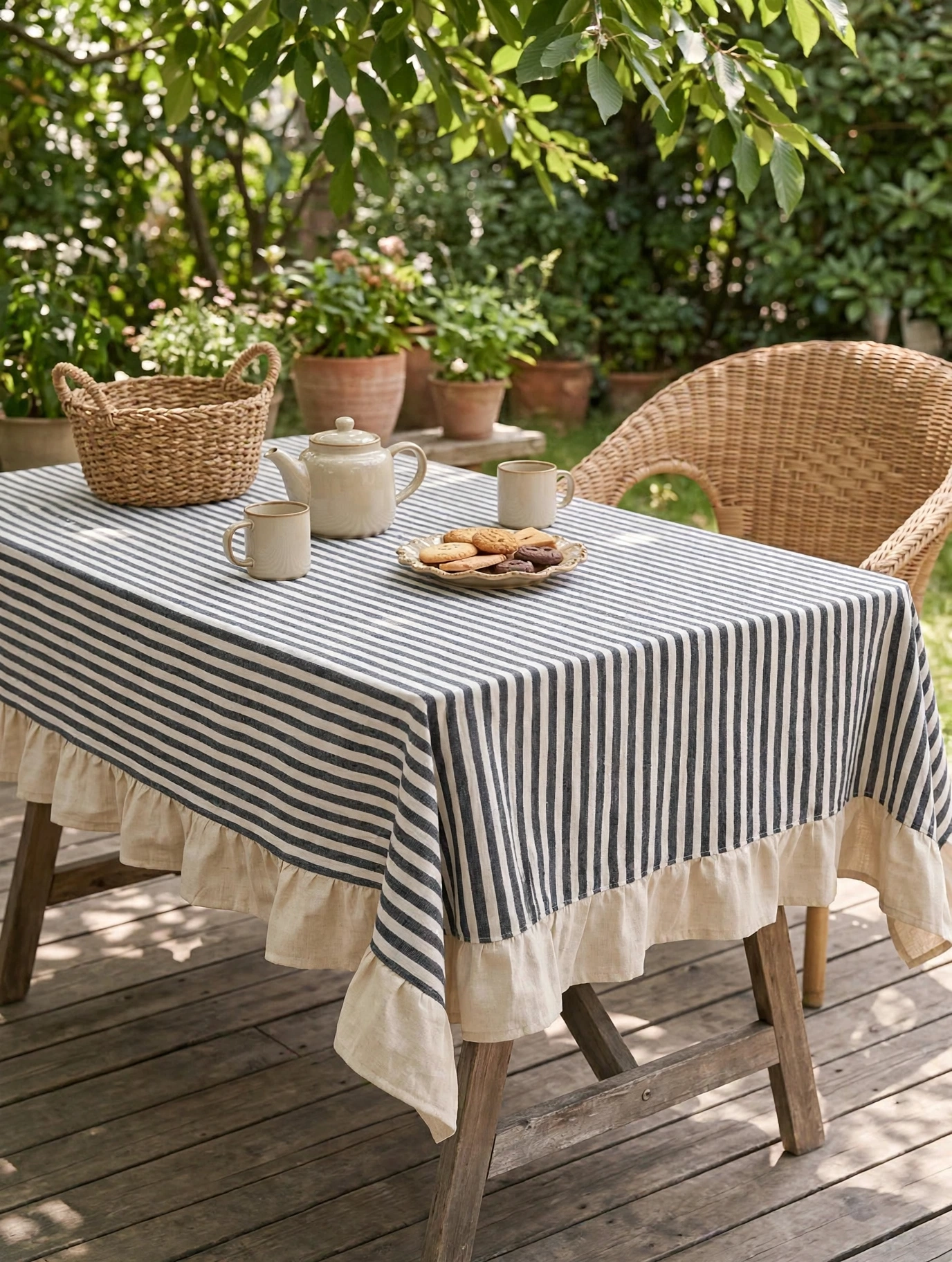 Deep Gray Striped Ruffled Tablecloth