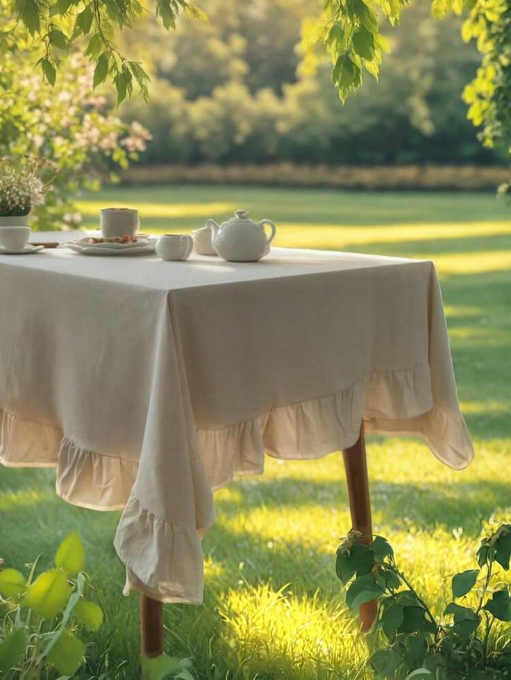 Natural Beige Ruffled Tablecloth