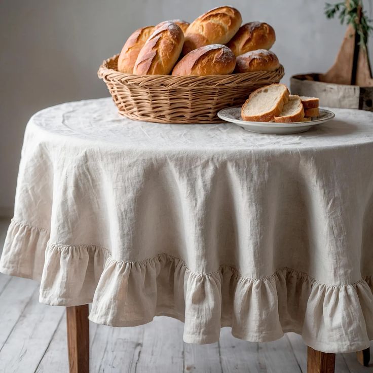 Natural Beige Ruffled Round Tablecloth