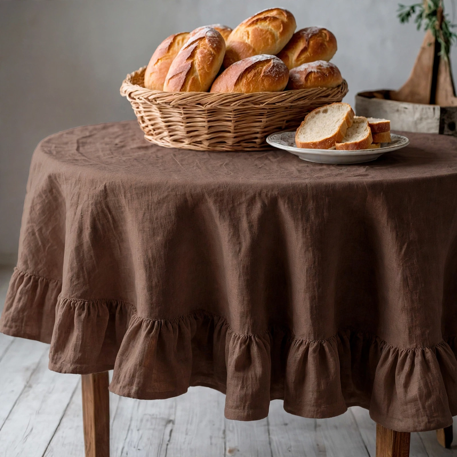 Brown Ruffled Round Tablecloth