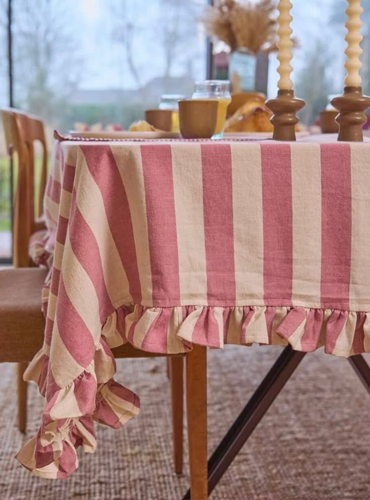 Dusty Rose Striped Ruffled Tablecloth