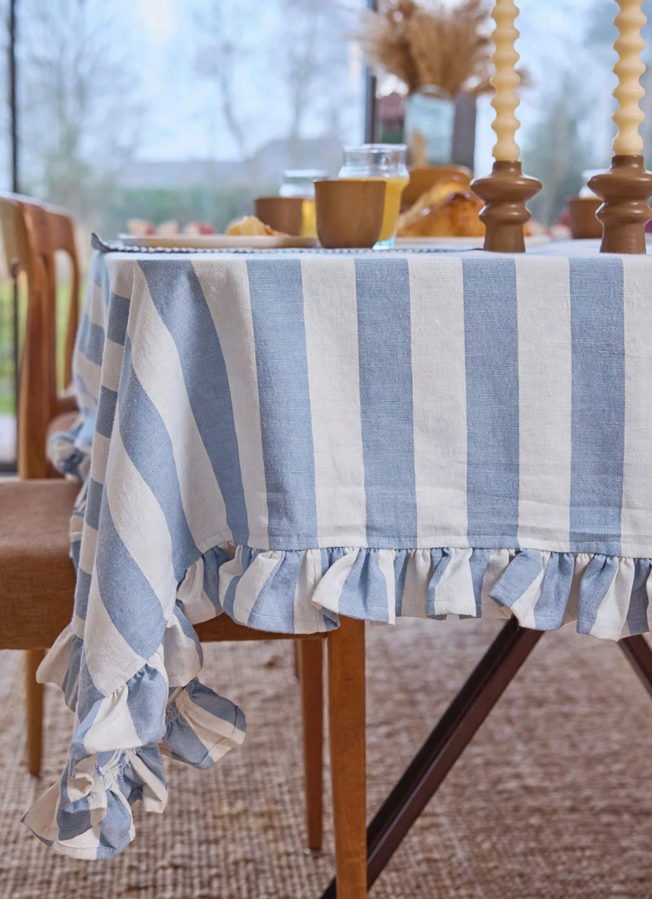 Ice Blue Striped Ruffled Tablecloth