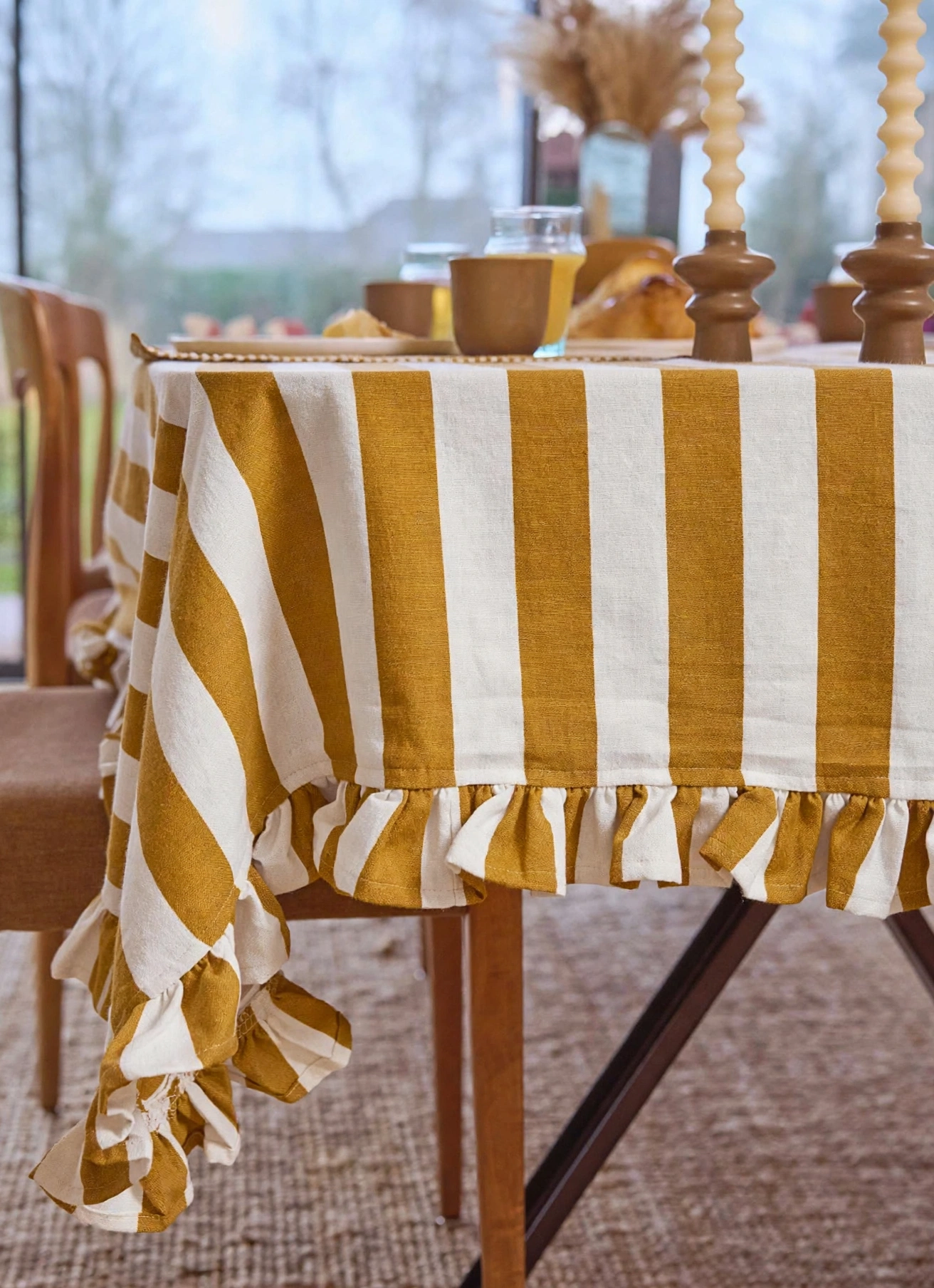 Deep Yellow Striped Ruffled Tablecloth