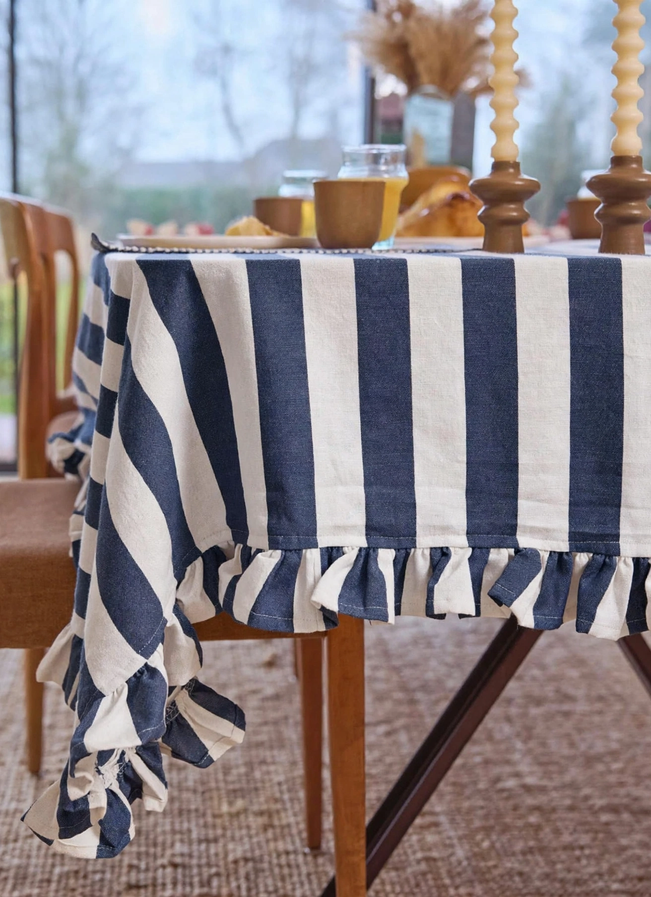 Deep Blue Striped Ruffled Tablecloth