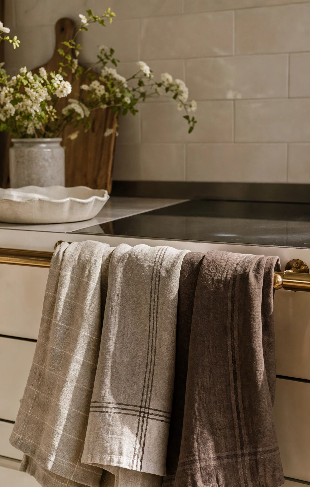 Brown Monochrome Linen Kitchen Towel Set of 3