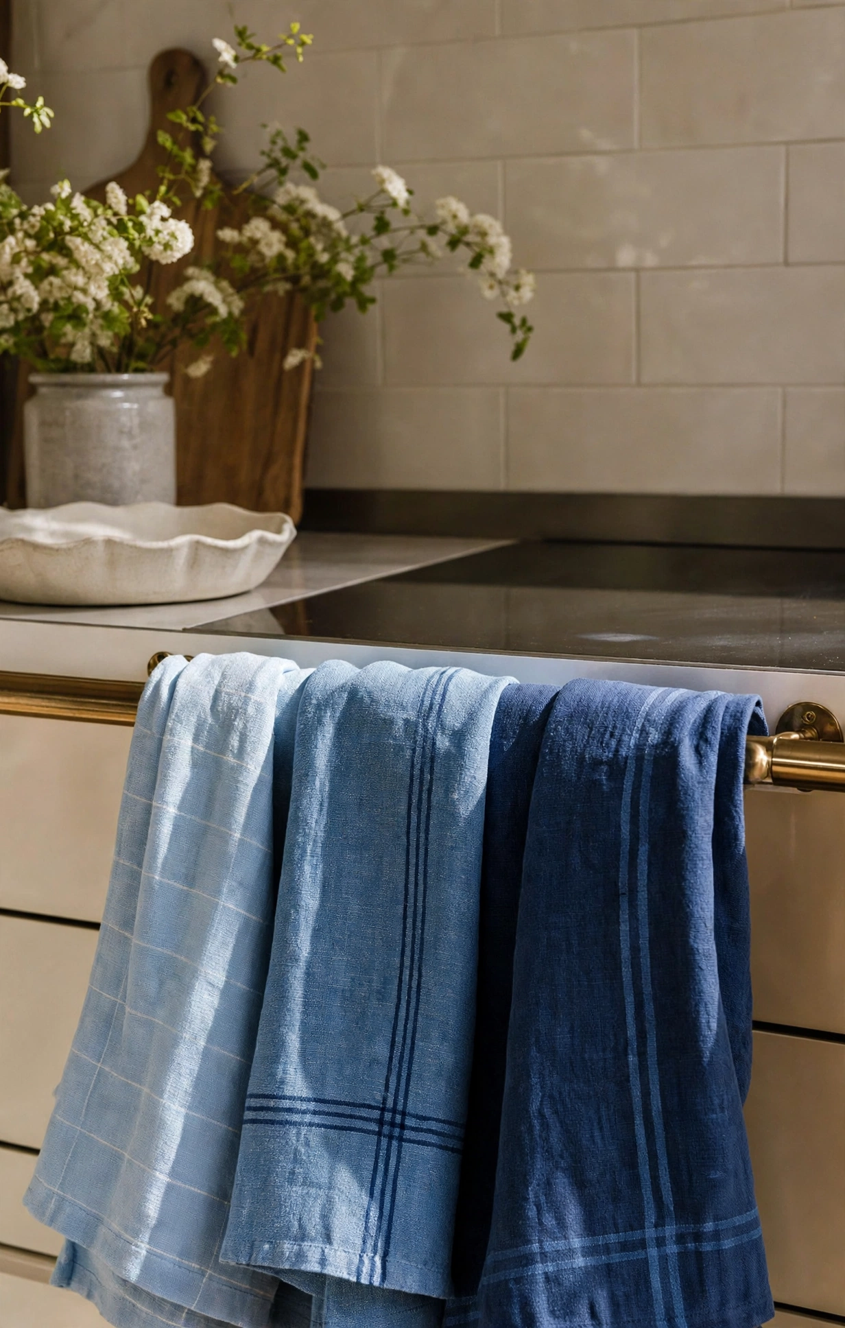 Blue Monochrome Linen Kitchen Towel Set of 3