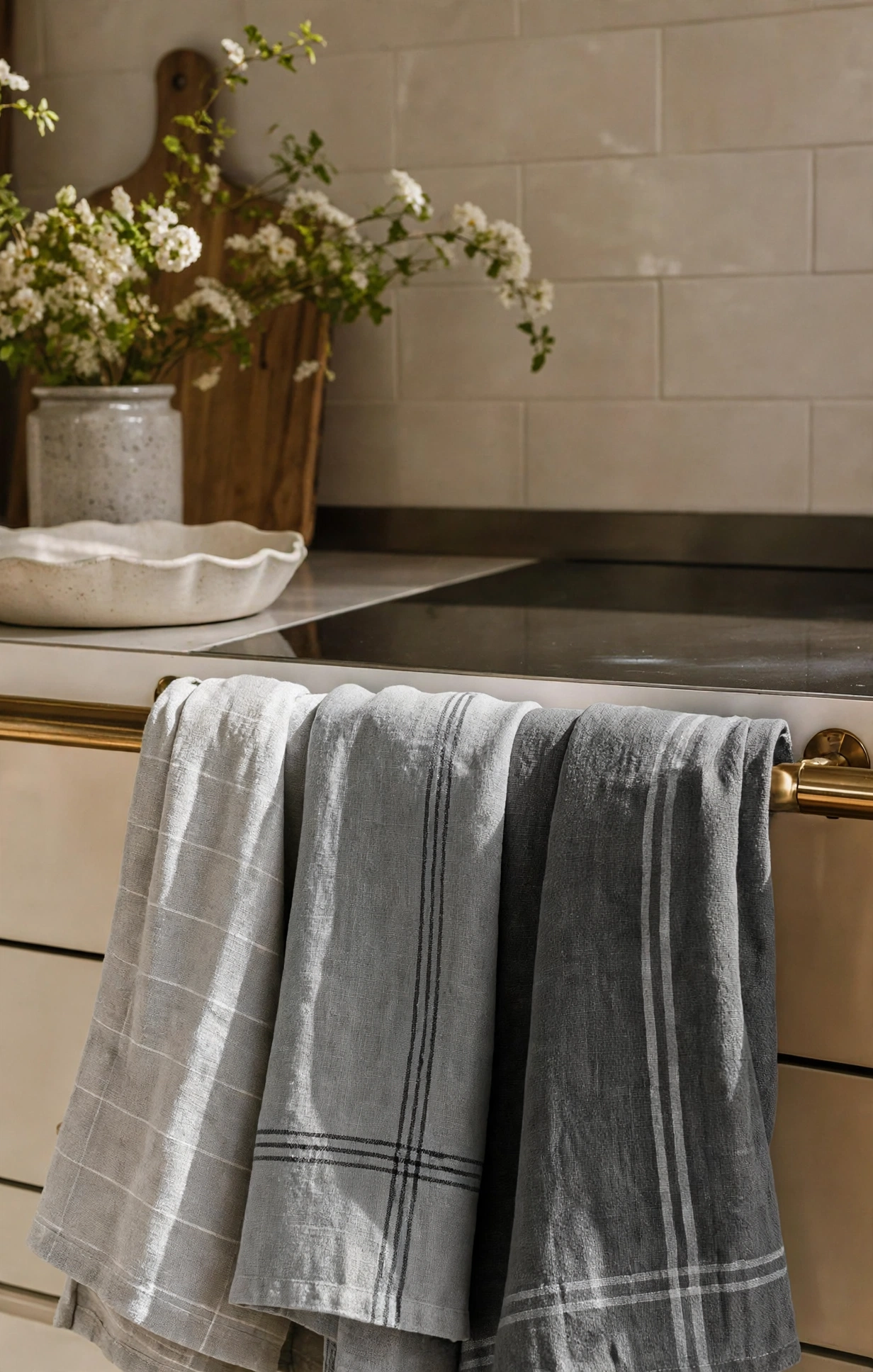 Gray Monochrome Linen Kitchen Towel Set of 3