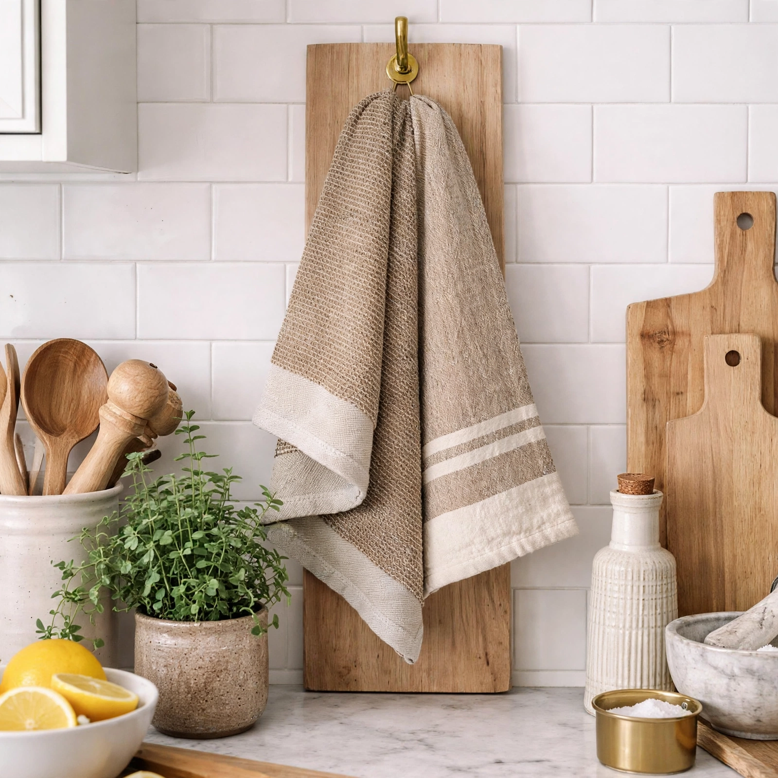 Beige Striped Waffle Kitchen Towel
