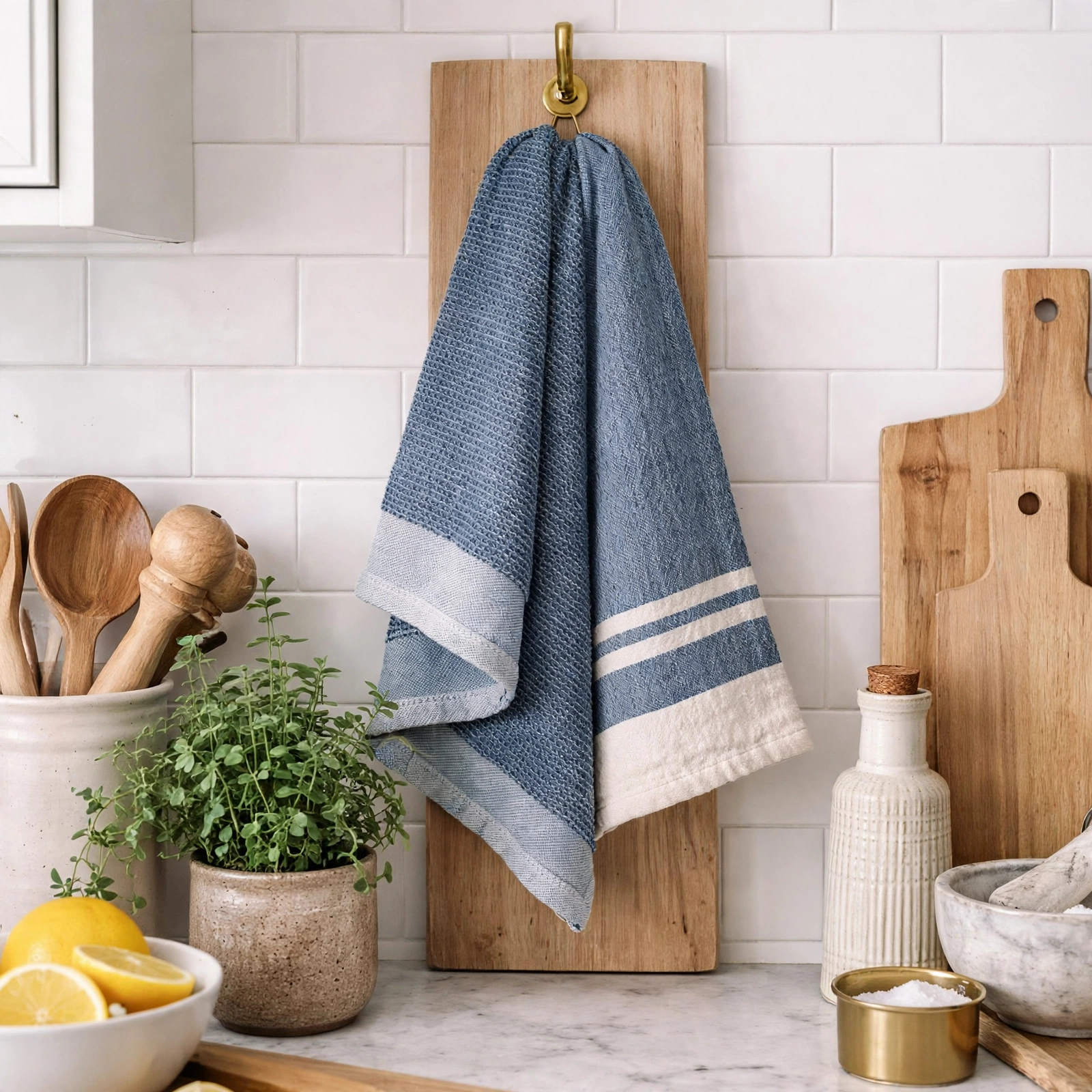 Blue Striped Waffle Kitchen Towel