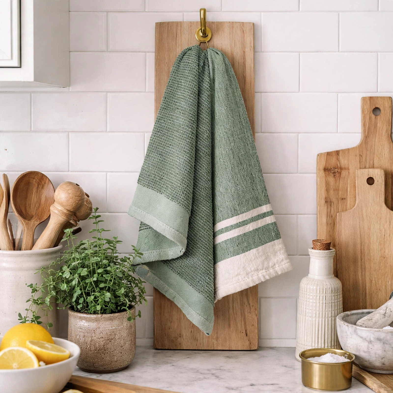 Green Striped Waffle Kitchen Towel