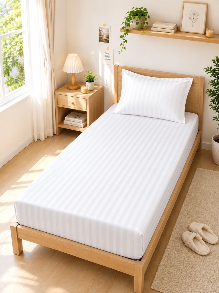 White Satin Stripe Single Bedsheet with Pillow case