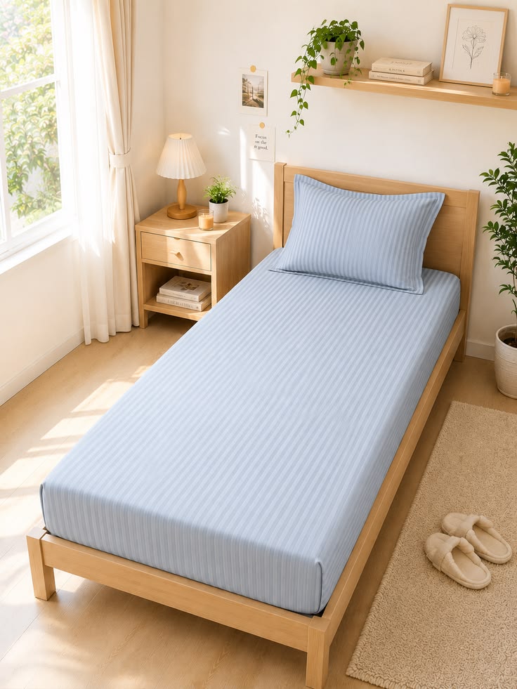 Baby blue satin stripe single bedsheet with pillow case