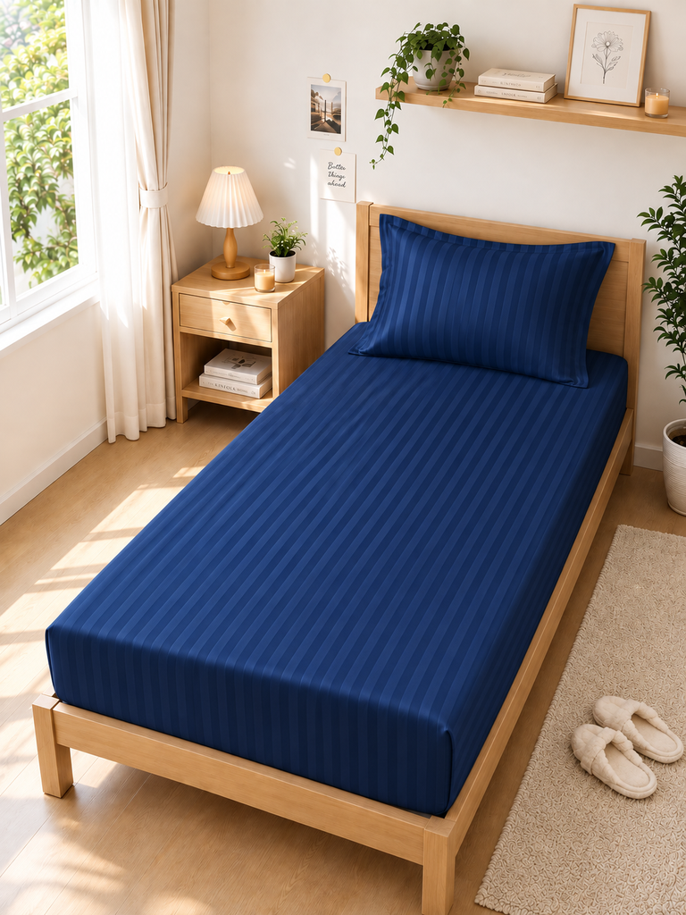 Navy blue satin stripe single bedsheet with pillow case