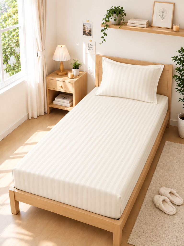 Cream Satin Stripe Single Fitted Bedsheet with Pillow Cases