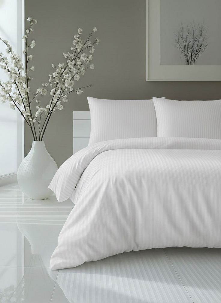 White Satin Stripe King Size Duvet Cover Set with 2 Pillow Covers