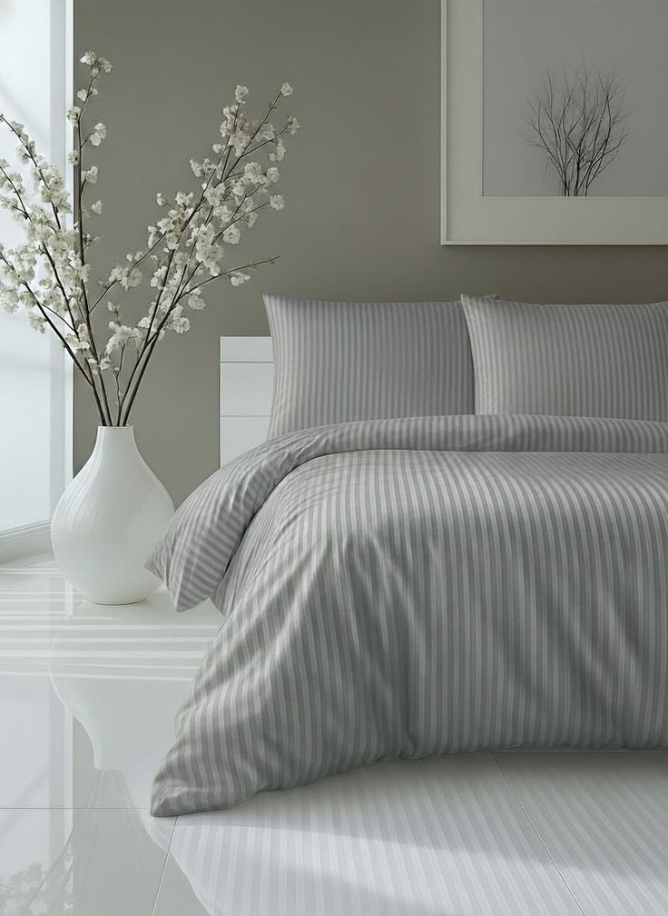 Light Grey Satin Stripe Duvet Cover Set with 2 Pillow Covers