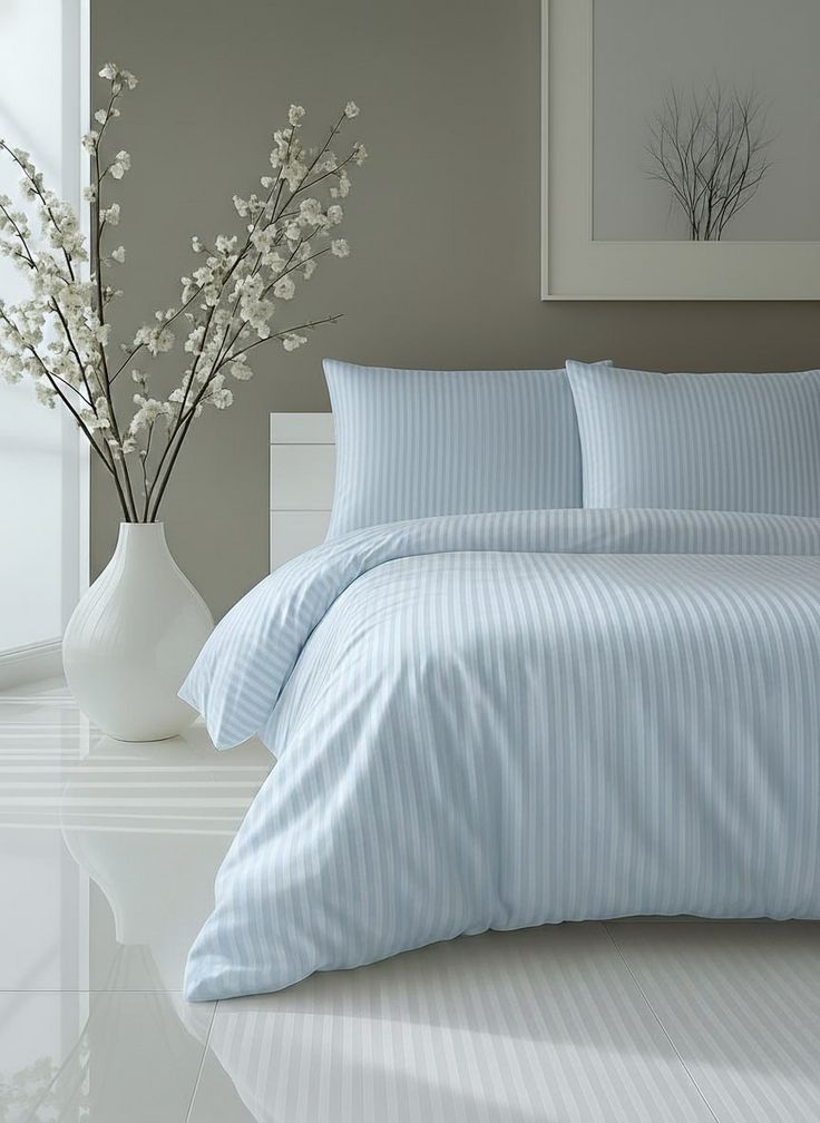 Light Blue Satin Stripe Duvet Cover Set with 2 Pillow Covers
