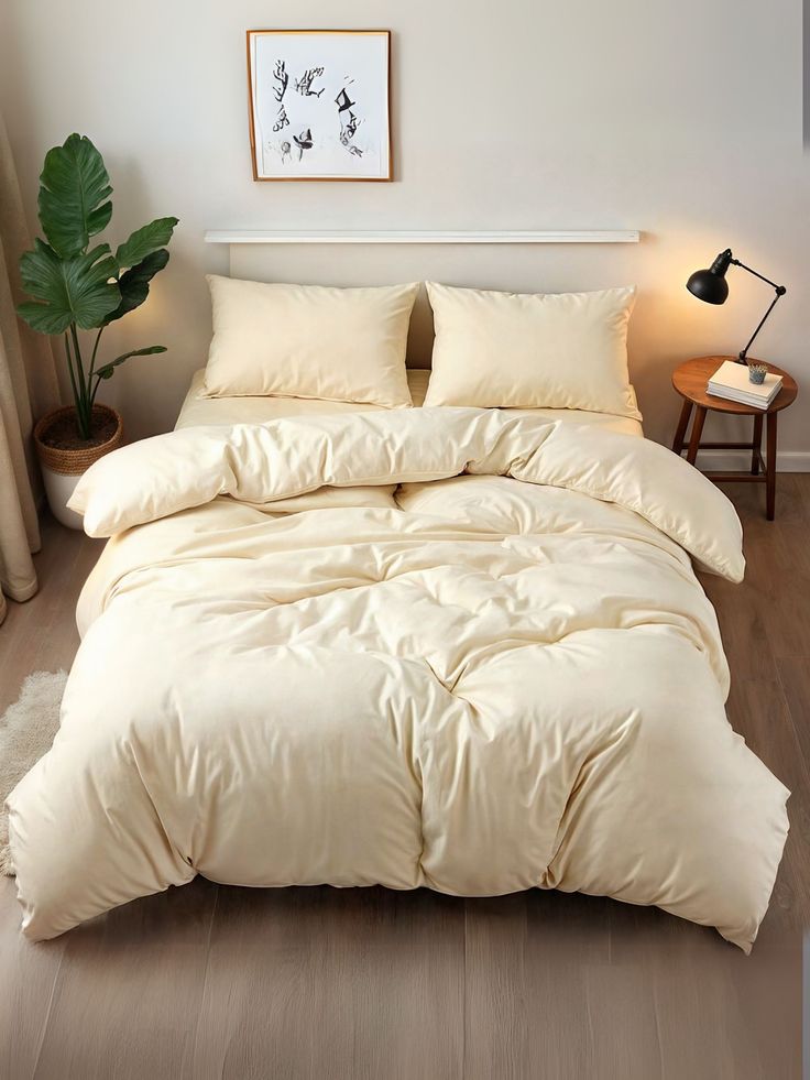 Cream Yellow Solid Plain Duvet Cover Set With 2 Pillow Covers