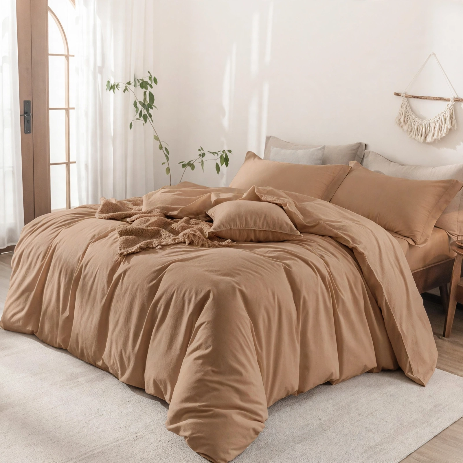 Teddy Brown Solid Plain Duvet Cover Set With 2 Pillow Covers For Double / Queen Bed