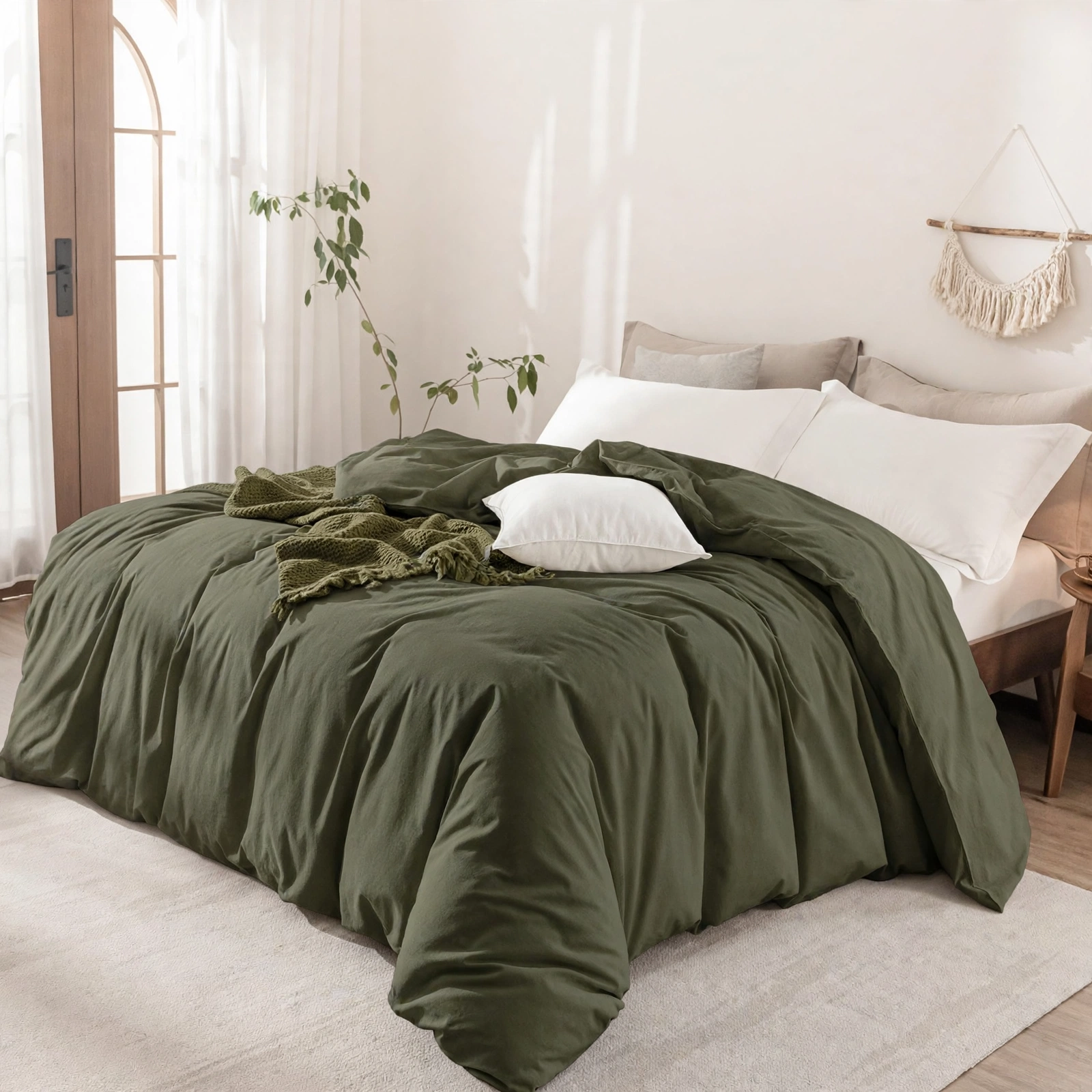 Olive Green Solid Plain Duvet Cover Set With 2 Pillow Covers For Double / Queen Bed