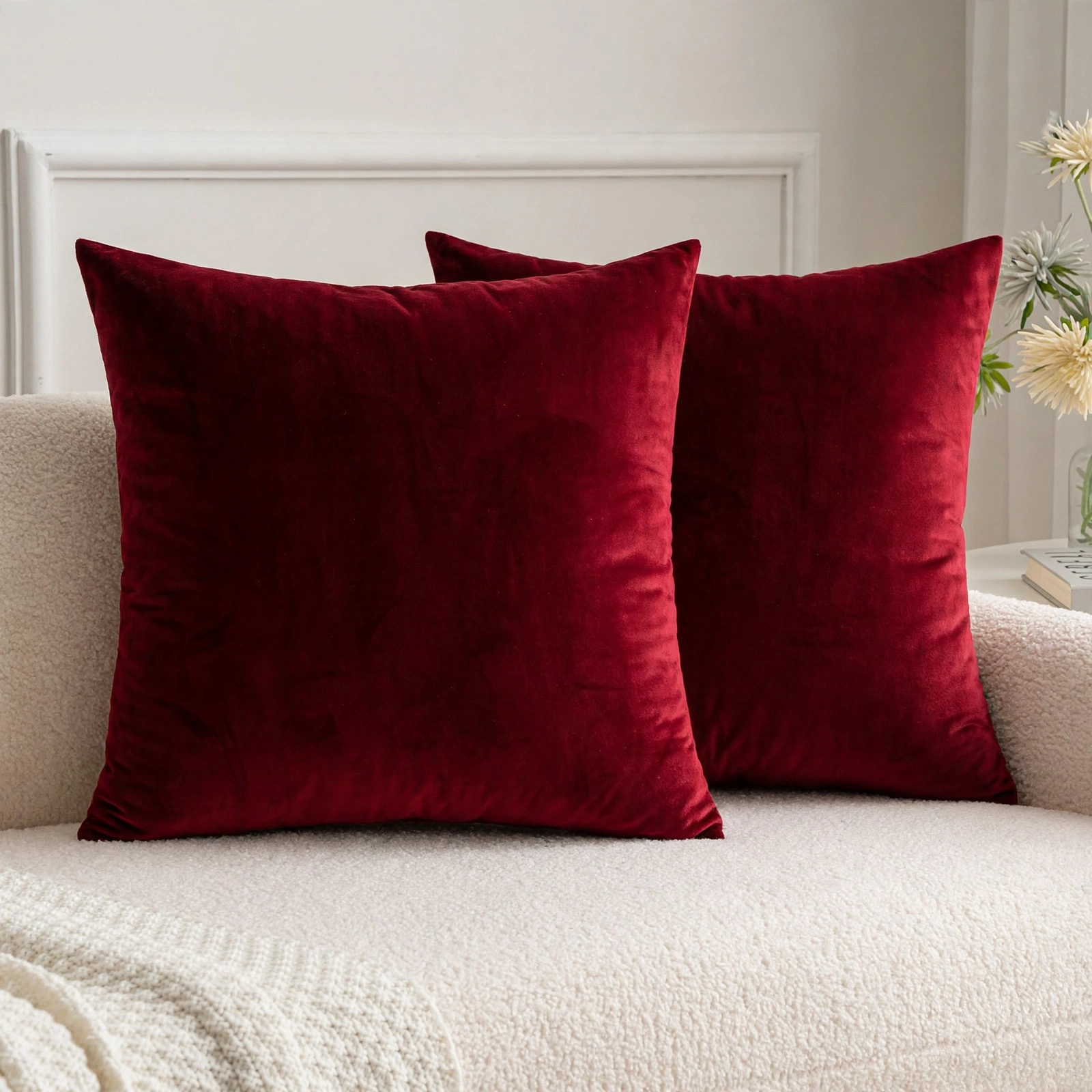 Deep Red Solid Plain Velvet Cushion Covers - Pack Of 2