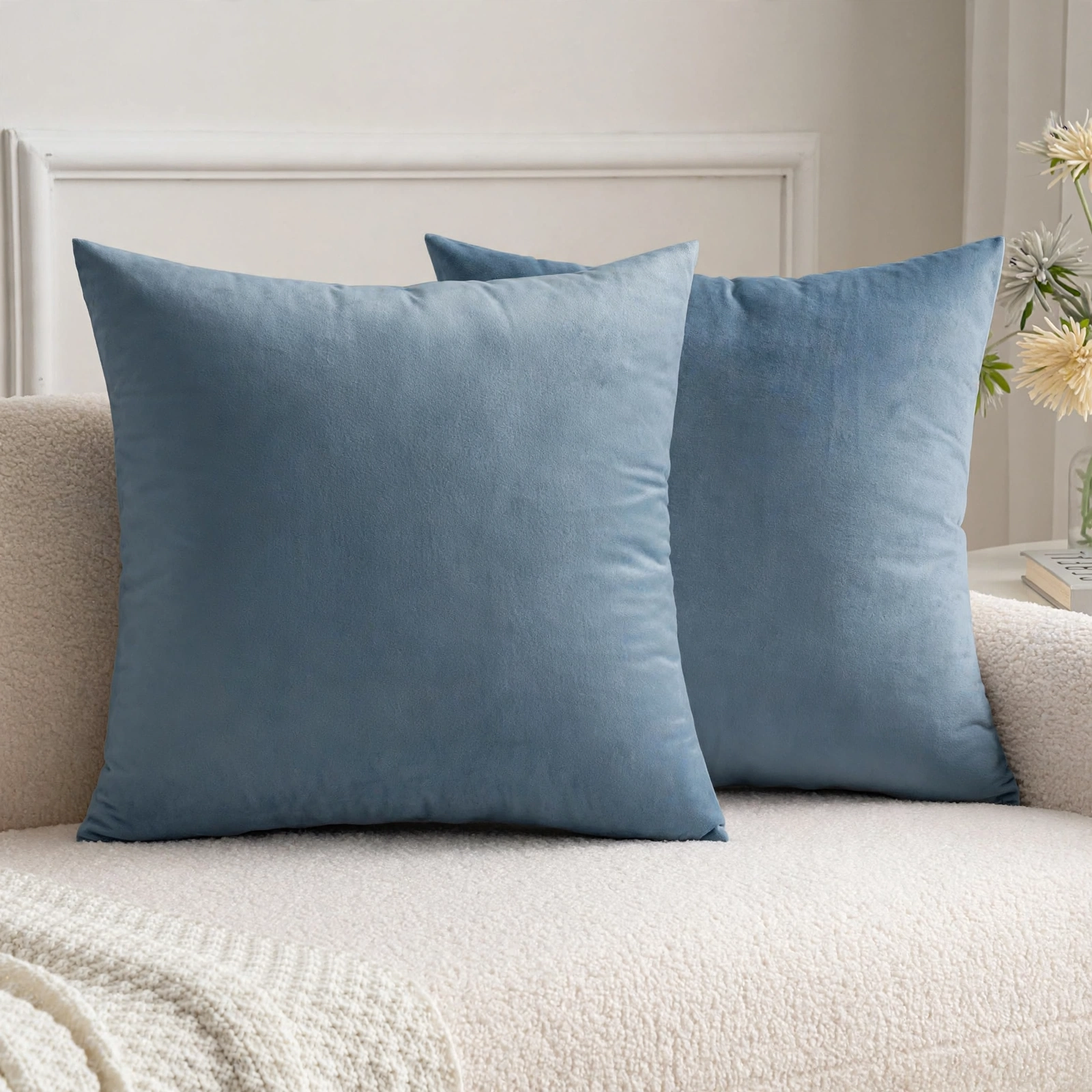 Dusty Blue Solid Plain Velvet Cushion Covers - Pack Of 2