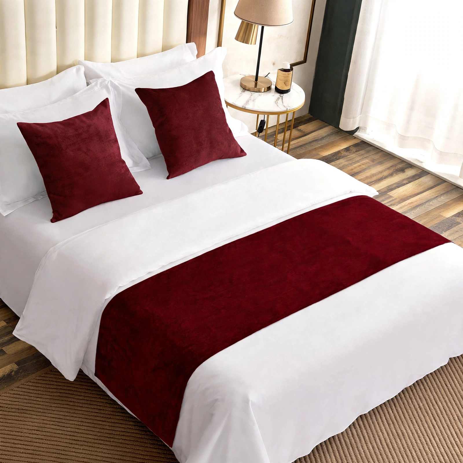 Maroon Velvet Bed Runner With 2 Matching Cushion Covers - Pack Of 3