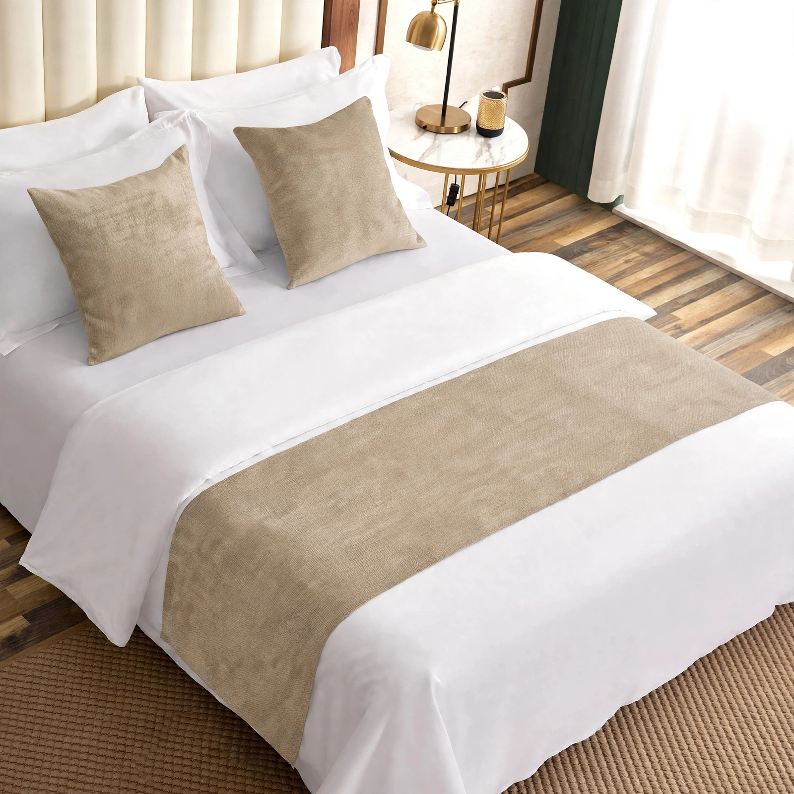 Beige Velvet Bed Runner With 2 Matching Cushion Covers - Pack Of 3