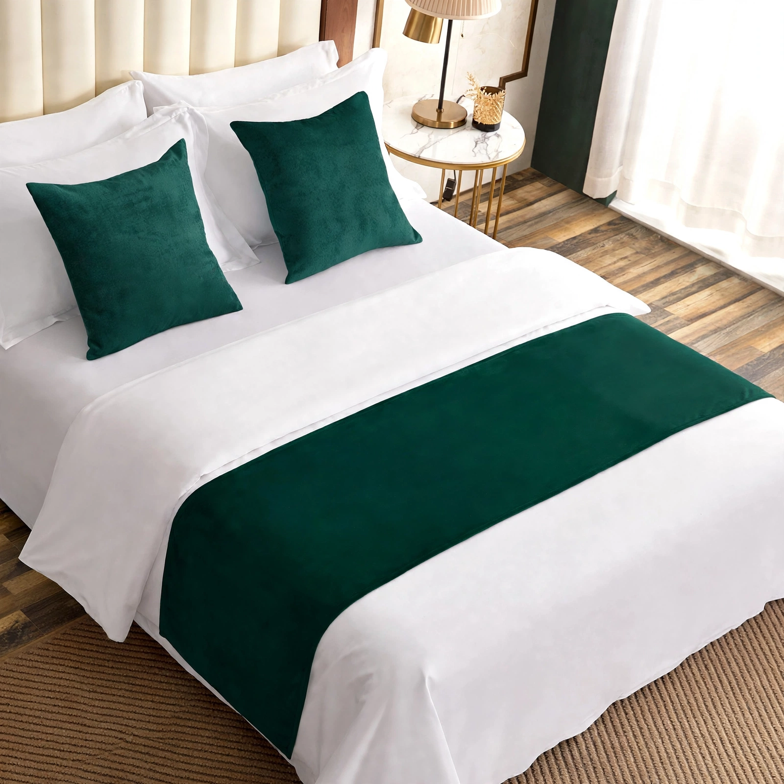 Emerald Green Velvet Bed Runner With 2 Matching Cushion Covers - Pack Of 3