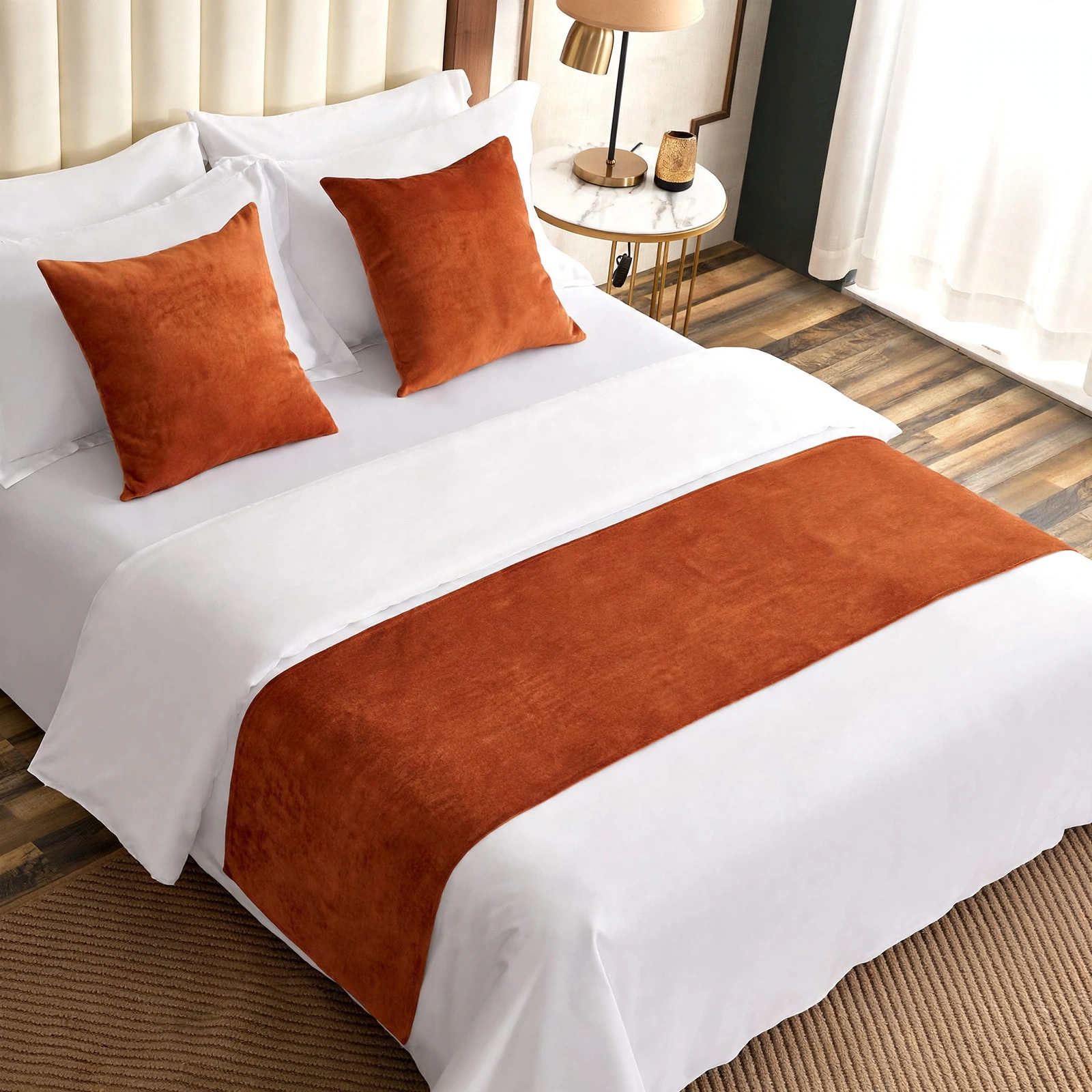 Burnt Orange / Terracotta Velvet Bed Runner With 2 Matching Cushion Covers - Pack Of 3