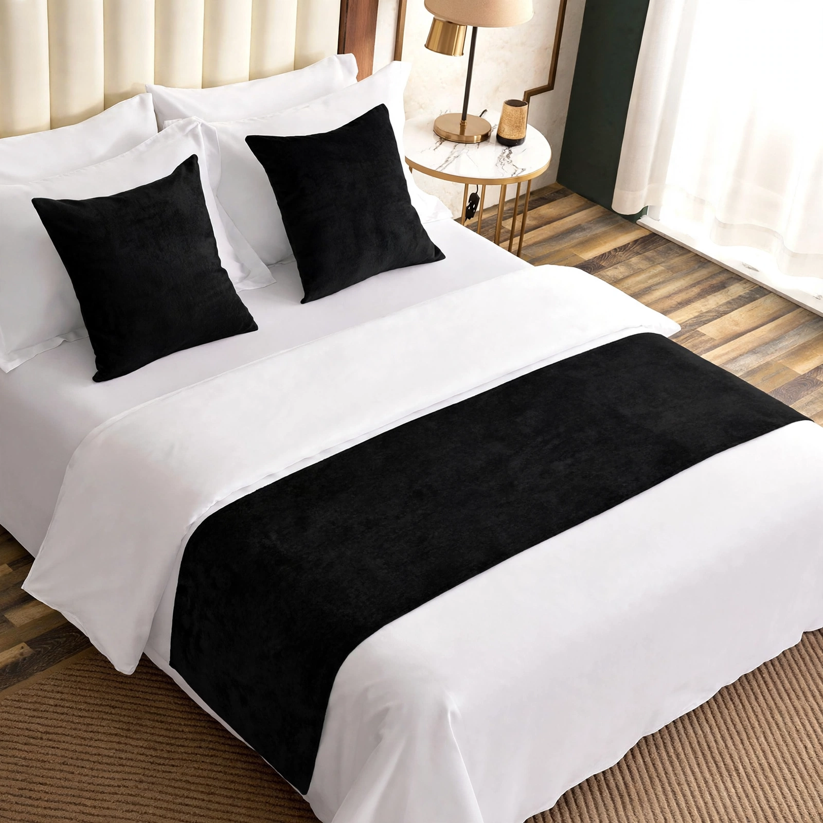 Black Velvet Bed Runner With 2 Matching Cushion Covers - Pack Of 3