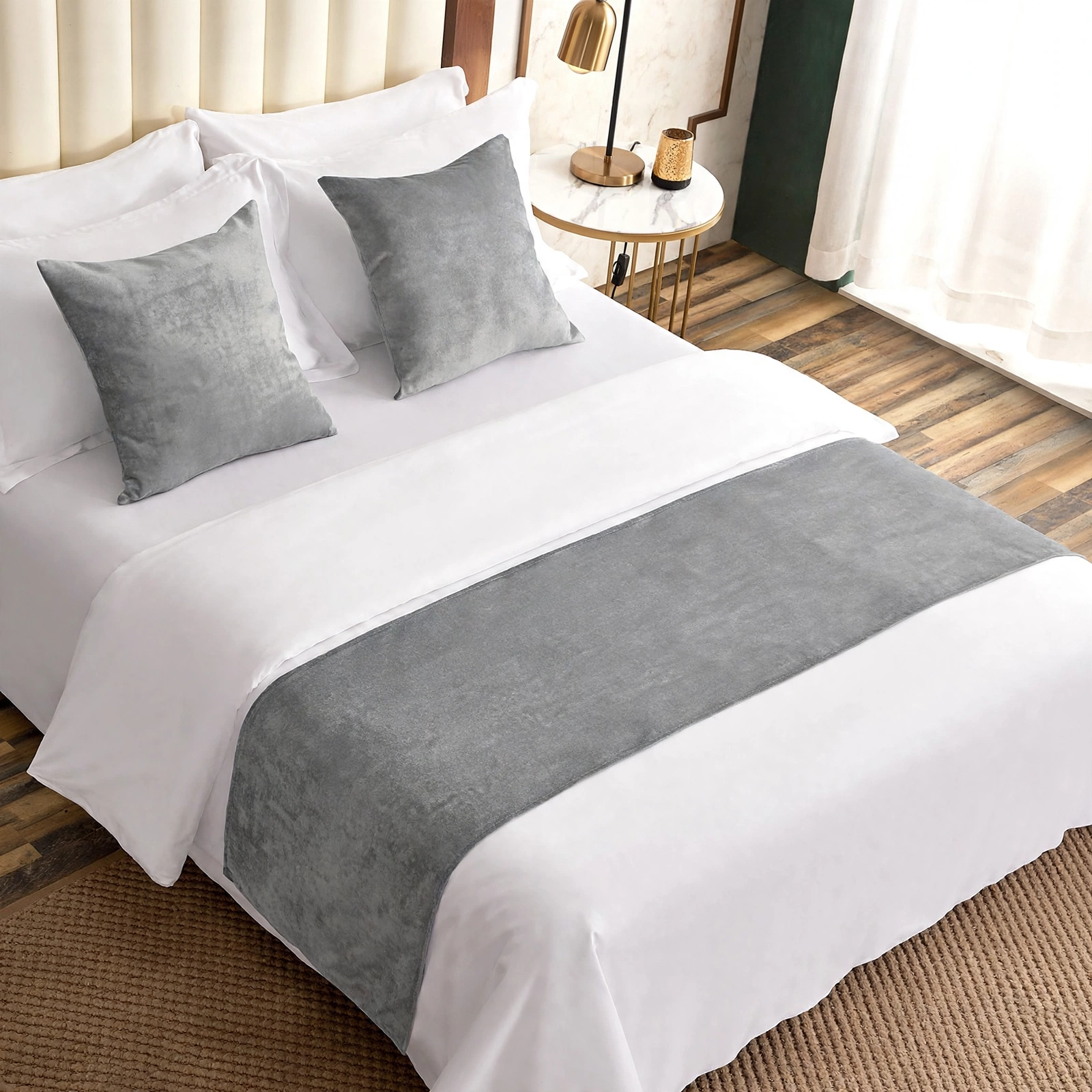 Gray Velvet Bed Runner With 2 Matching Cushion Covers - Pack Of 3