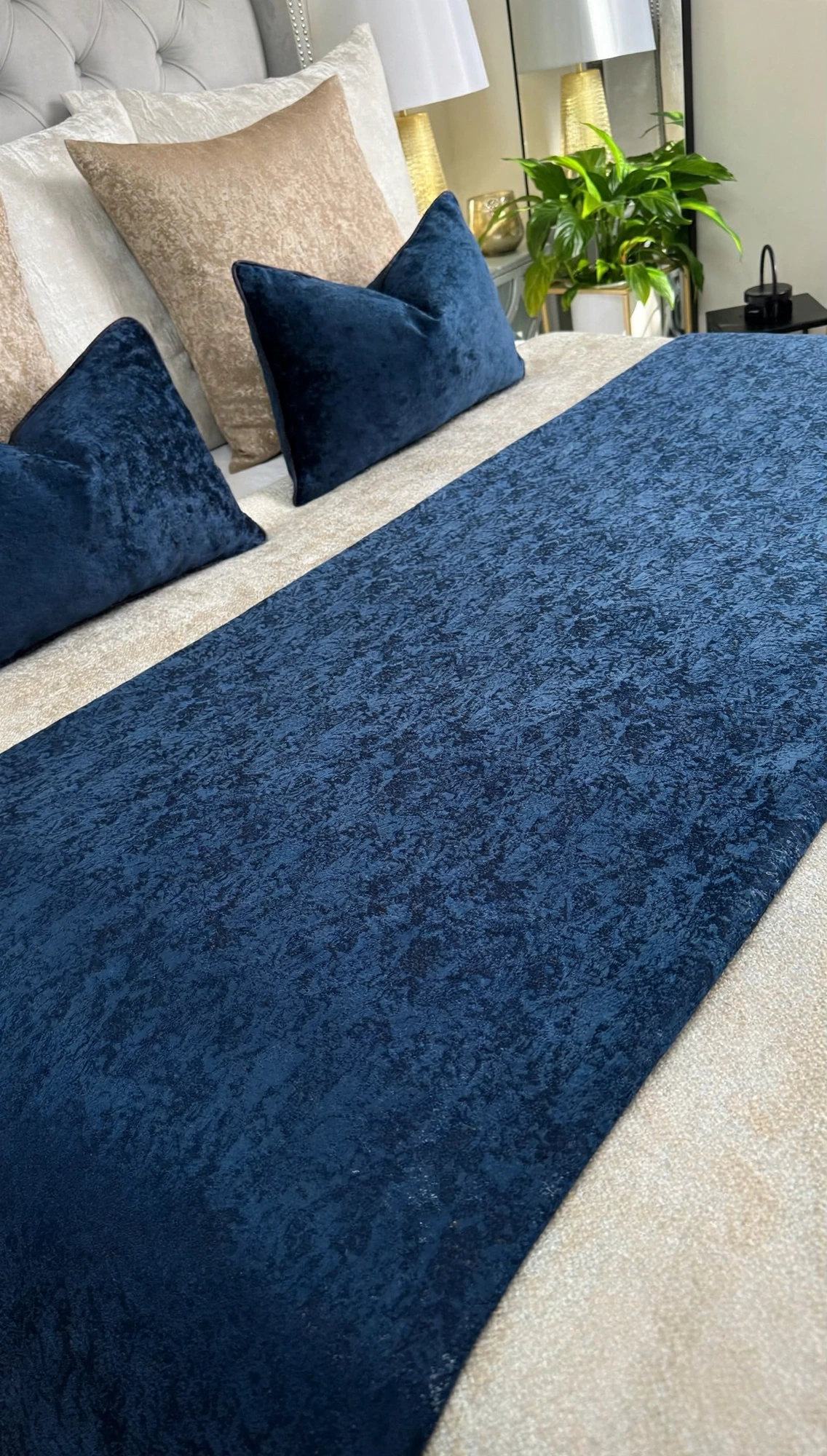 Ocean Blue Crushed Velvet Bed Runner With 2 Matching Cushion Covers - Pack Of 3