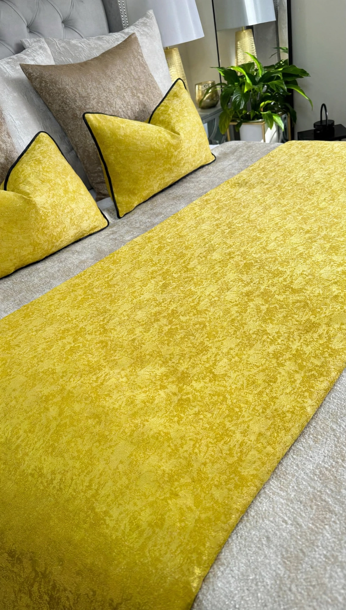 Lemon Yellow Crushed Velvet Bed Runner With 2 Matching Cushion Covers - Pack Of 3